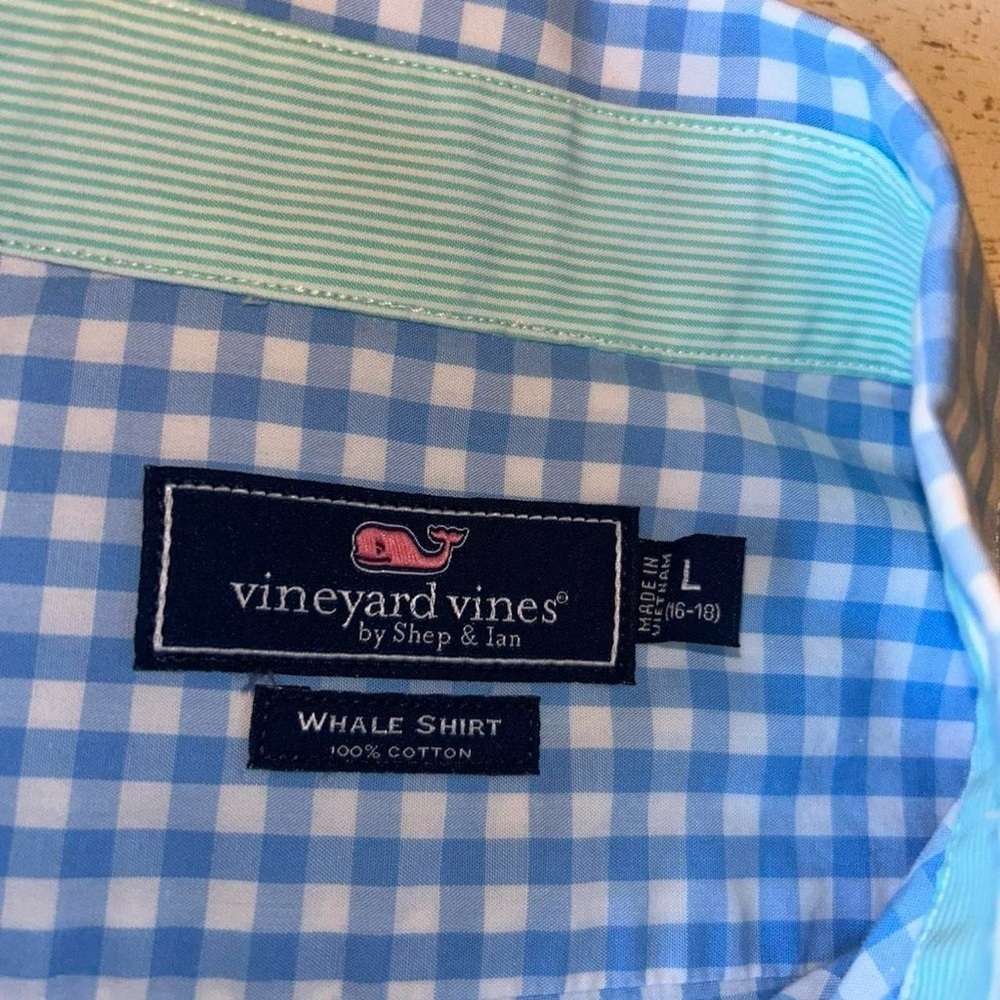 Vineyard Vines Youth L Whale Shirt – Blue Gingham – 100% Cotton - Picture 4 of 6